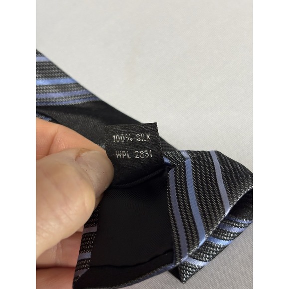 Merona Men's 100% Silk TieBlack Blue Stripe Business Corporate Preppy Academia - Picture 6 of 7